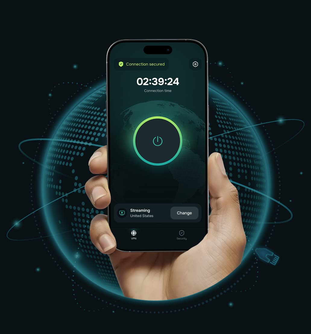 Aplicativo Guru VPN em um celular com um globo luminoso ao fundo