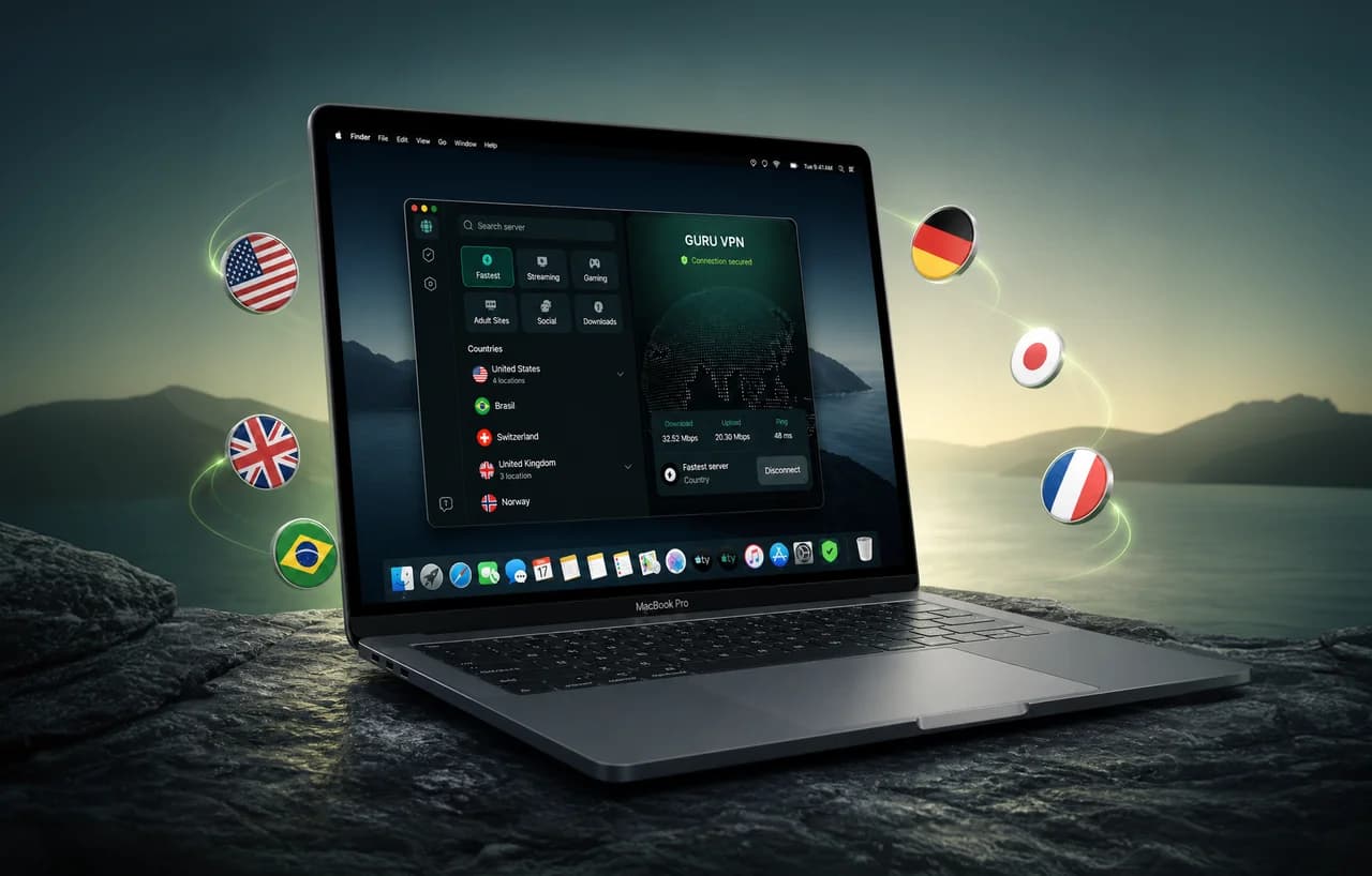 Guru VPN app running on a MacBook surrounded by country flags